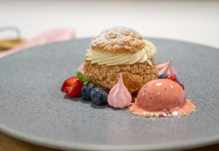 Strawberry Choux Craquelin, Forrest Berries, Strawberry Coulis and Strawberry Sorbet 4